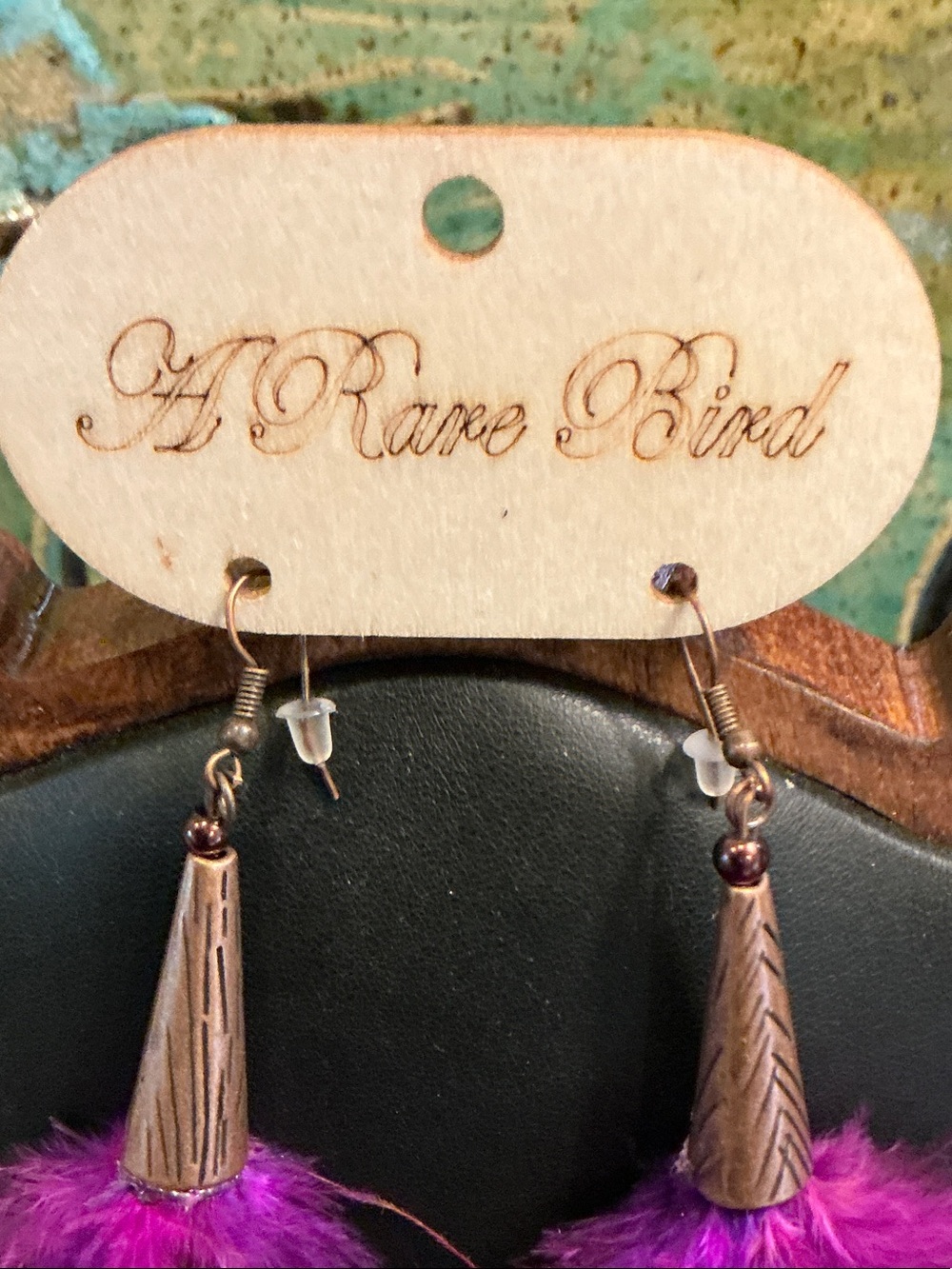 A Rare Bird Purple Feather Drop Earrings with Gold-Tone Caps - Picture 2 of 2